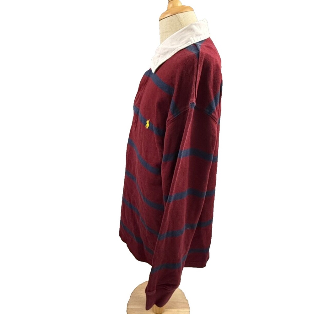 Polo Ralph Lauren Burgundy Navy Striped Long Sleeve Rugby Shirt Youth Large - Picture 4 of 5